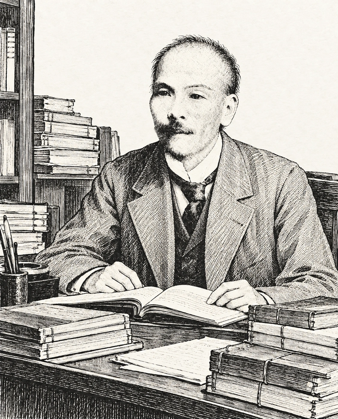 Kakimura Shigematsu, mince et pensif, parmi les livres et les manuscrits